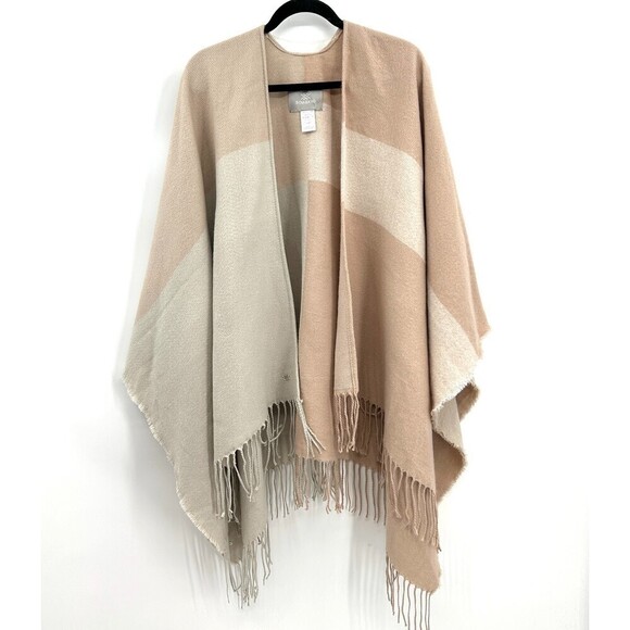 SOIA & KYO Nude Neutral Colorblock Super Soft Poncho Fringe Cardigan One Size - Picture 3 of 8